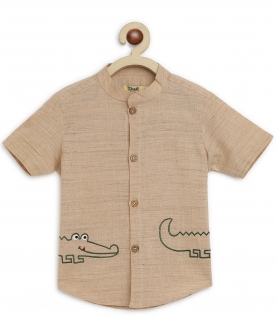 Boy Crocodile Embroidered Cotton Shirt - Beige
